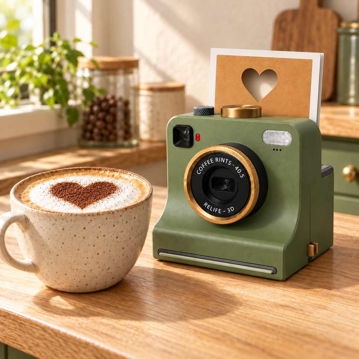 Imagen ilustrativa: cámara Latepix verde con plantilla de corazón y café con el mismo dibujo